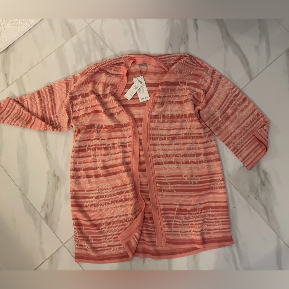 Chicos Coral Striped Open Cardigan NWT
